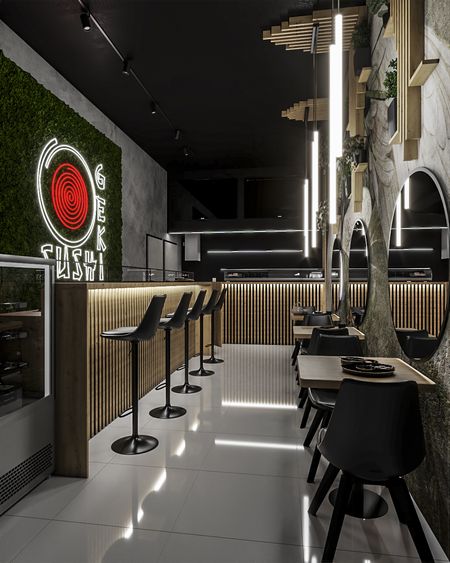 Wnętrze restauracji z drewnianym barem i nowoczesnym oświetleniem.