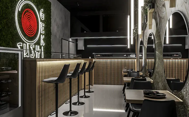 Wnętrze restauracji z drewnianym barem i nowoczesnym oświetleniem.