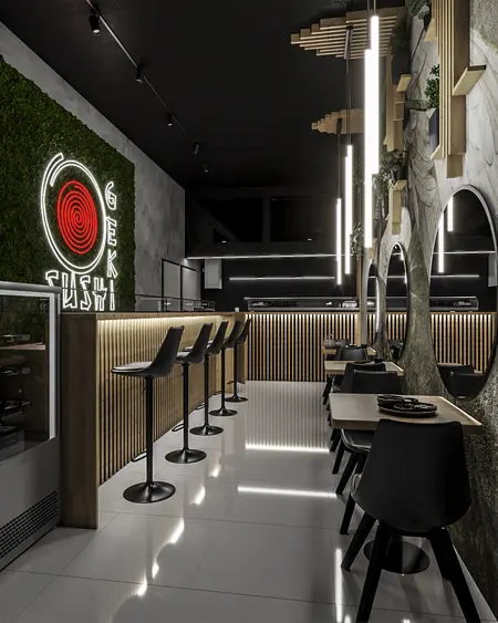 Wnętrze restauracji z drewnianym barem i nowoczesnym oświetleniem.