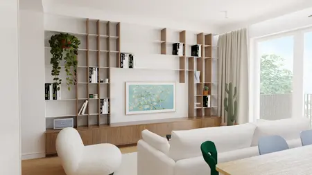 Wnętrze salonu w stylu art deco, eklektycznym, soft minimalizm i vintage z roślinami.