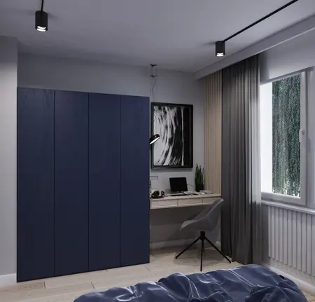 Wnętrze pokoju w stylu eklektycznym i minimalistycznym z biurkiem, szafą oraz dużym oknem.