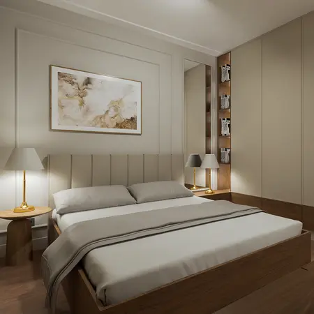 Sypialnia w stylu art deco z beżowym łóżkiem i drewnianymi detalami