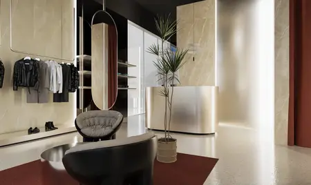 Wnętrze garderoby z minimalistycznym designem, elementy glamour, modernistyczne akcenty.