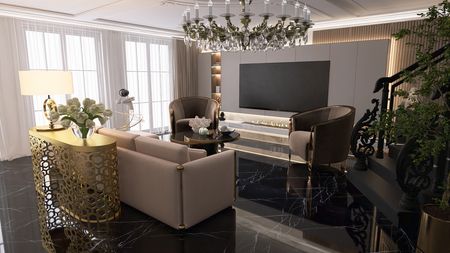 Wnętrze salonu w stylu art deco, glamour i nowoczesnym z eleganckimi meblami.
