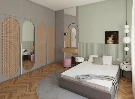 Wnętrze sypialni z szarymi meblami i akcentami dopamine decor.