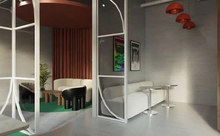 Wnętrze z minimalistycznym designem, dopamine decor, biała sofa i czarne meble.