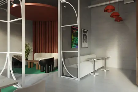Wnętrze z minimalistycznym designem, dopamine decor, biała sofa i czarne meble.