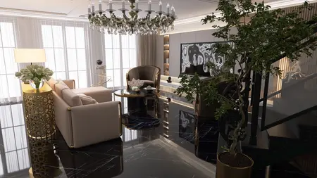 Wnętrze salonu w stylu art deco i glamour z beżowymi meblami i czarnymi akcentami.