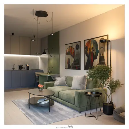 Wnętrze salonu w stylu industrialnym i minimalistycznym z zieloną sofą i nowoczesnymi obrazami.