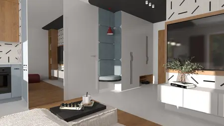 Wnętrze z niebieską kanapą, drewnianymi meblami i stylem dopamine decor.
