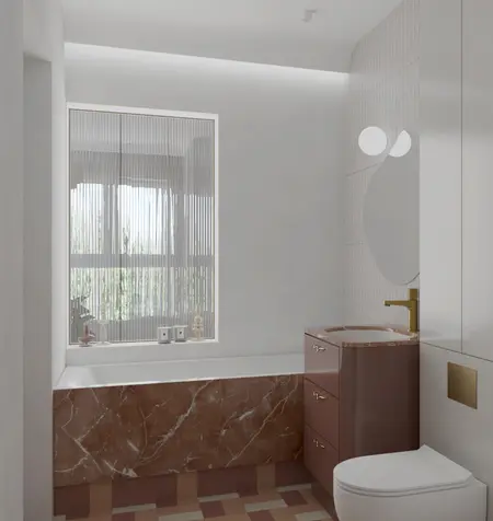 Wnętrze łazienki z elementami art deco, vintage i soft minimalizmu.