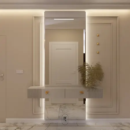 Nowoczesny korytarz z lustrem, elegancką konsolą i rośliną.