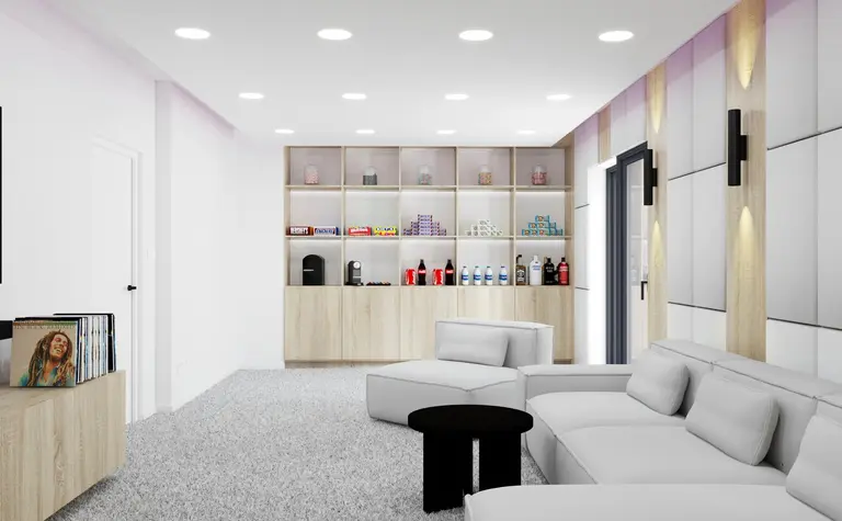 Nowoczesne wnętrze salonu z białą sofą, drewnianymi meblami i minimalistycznym designem.