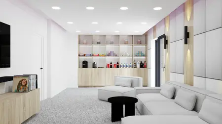 Nowoczesne wnętrze salonu z białą sofą, drewnianymi meblami i minimalistycznym designem.