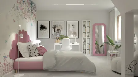 Pokój dziecięcy z różowym łóżkiem, biurkiem i rośliną w stylu minimalistycznym.