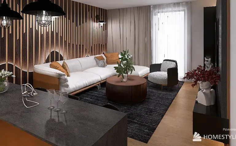 Wnętrze salonu z drewnianą ścianą i nowoczesnym umeblowaniem