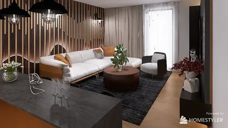 Wnętrze salonu z drewnianą ścianą i nowoczesnym umeblowaniem