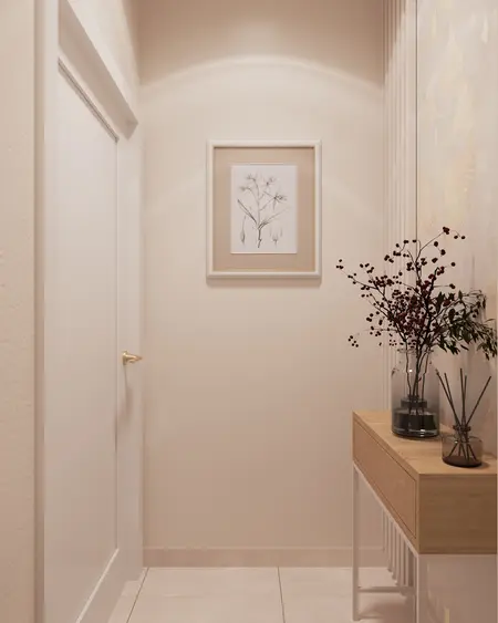 Minimalistyczny korytarz z drewnianą komodą i roślinami w nowoczesnym stylu.