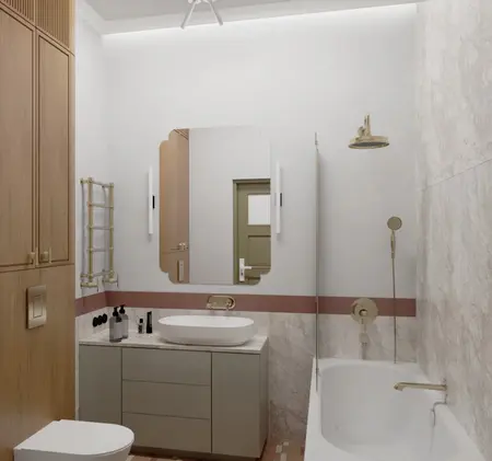Eklektyczna łazienka w stylu soft minimalizm z vintage akcentami.