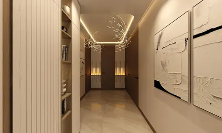 Przedpokój w stylu japandi z nowoczesnym oświetleniem i drewnianymi detalami.