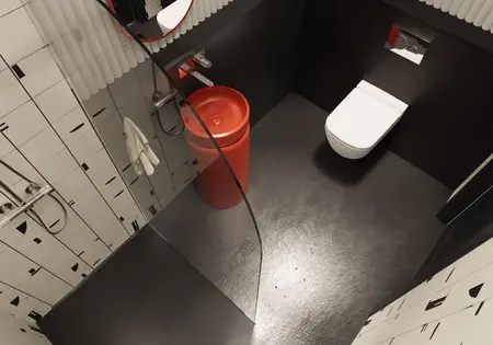 Nowoczesna łazienka z białymi kaflami, czerwoną koszem i eleganckim WC.