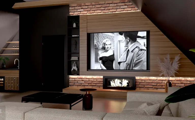 Wnętrze salonu z ceglaną ścianą, telewizorem i roślinnością