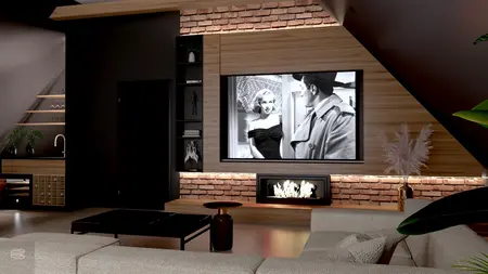 Wnętrze salonu z ceglaną ścianą, telewizorem i roślinnością