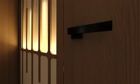 Detale wnętrza w stylu japandi z drewnem i nowoczesnym oświetleniem.