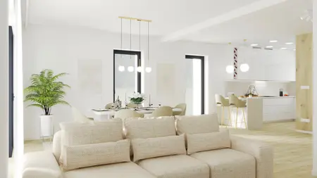Wnętrze nowoczesnej kuchni z minimalistycznym designem, białymi meblami i drewnianymi akcentami.