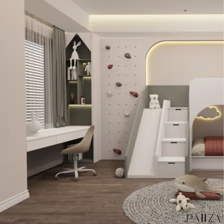 Wnętrze pokoju dziecięcego z biurkiem, łóżkiem i akcesoriami w stylu minimalistycznym, soft minimalizm, współczesny.