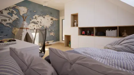 Pokój dziecięcy w stylu nowoczesnym i tradycyjnym z tipi oraz mapą świata.