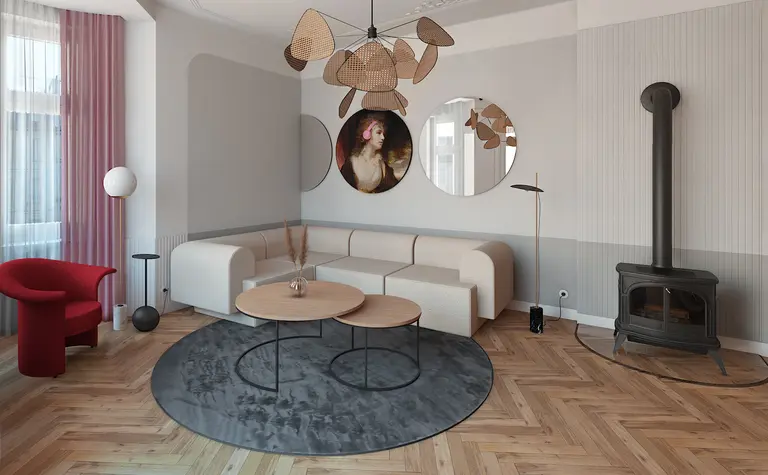 Wnętrze salonu w stylu dopamine decor z jasną sofą, drewnianym stolikiem i okrągłym dywanem.