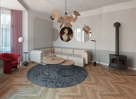 Wnętrze salonu w stylu dopamine decor z jasną sofą, drewnianym stolikiem i okrągłym dywanem.