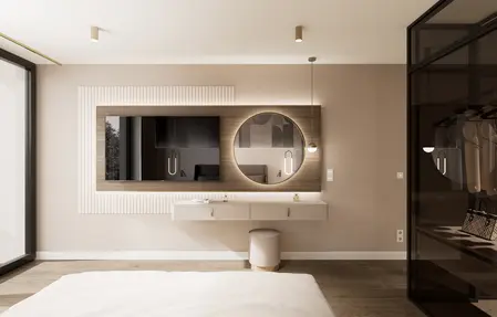 Wnętrze sypialni z minimalistycznym biurkiem i lustrem, nowoczesny design.