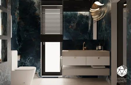 Nowoczesna łazienka z minimalistycznym designem i soft minimalizmem, z granatowymi akcentami.