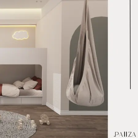 Pokój dziecięcy w stylu minimalistycznym z huśtawką, w pastelowych kolorach, soft minimalizm.