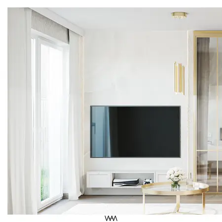 Wnętrze salonu z minimalistycznym telewizorem i złotym stolikiem, w stylu glamour i quiet luxury.