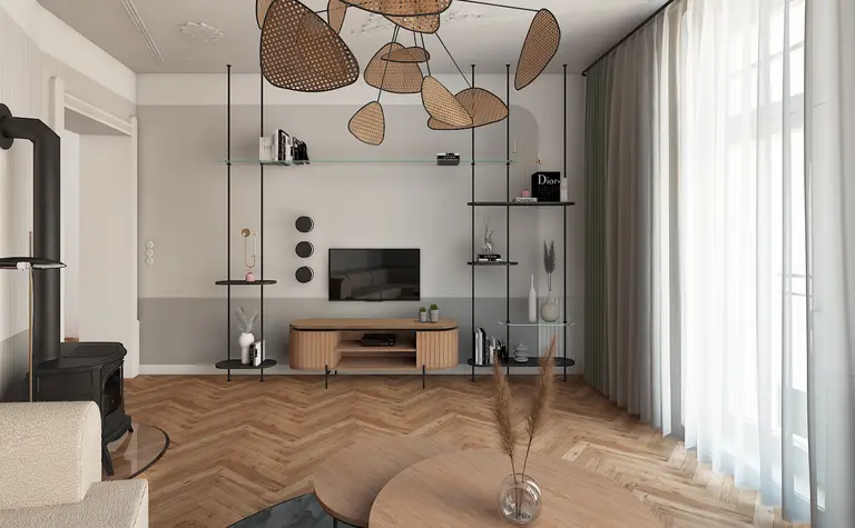Wnętrze salonu z drewnianymi meblami, szarościami i elementami dopamine decor.