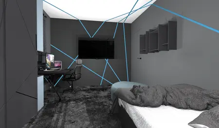 Wnętrze pokoju z biurkiem, szarością i niebieskimi akcentami w stylu dopamine decor, industrialnym, nowoczesnym, współczesnym.