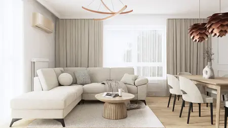 Wnętrze salonu w stylu glamour, japandi i skandynawskim z jasnymi meblami i drewnianymi akcentami.