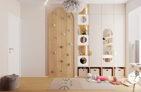 Pokój dziecięcy z drewnianą ścianką wspinaczkową, minimalistyczny, soft minimalizm, nowoczesny.