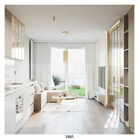 Wnętrze kuchni w stylu glamour z minimalistycznymi akcentami, nowoczesnymi meblami i dużymi oknami.