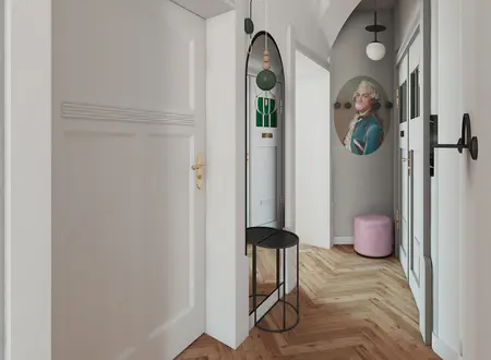 Przedpokój z lustrem, drewnianą podłogą i dekoracjami dopamine decor.