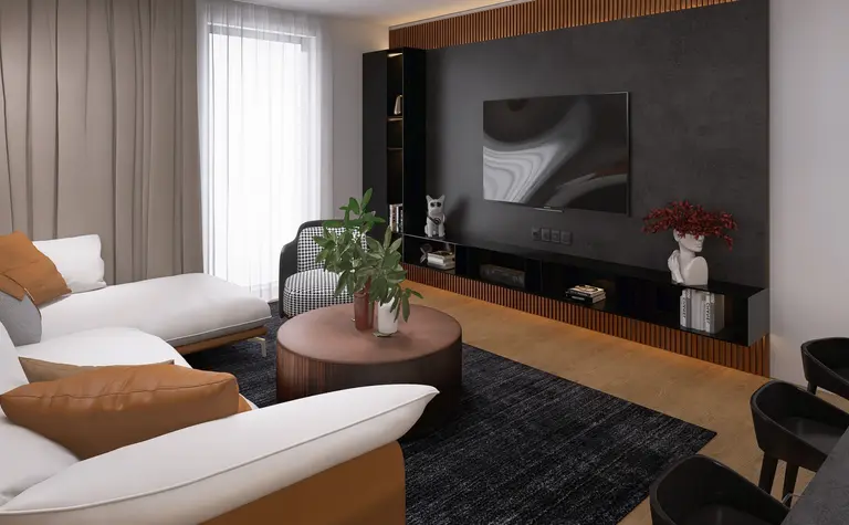 Wnętrze salonu w stylu industrialnym z nowoczesnymi akcentami, biała sofa i brązowy stolik.