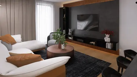 Wnętrze salonu w stylu industrialnym z nowoczesnymi akcentami, biała sofa i brązowy stolik.