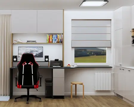 Wnętrze biura w stylu eklektycznym i minimalistycznym z nowoczesnym biurkiem