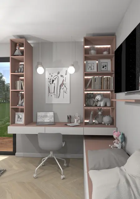 Wnętrze pokoju dziecięcego z biurkiem, różowymi akcentami, styl dopamine decor, industrialny, nowoczesny.
