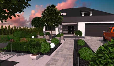 Widok zewnętrzny domu z ogrodem w stylach industrialnym, japandi, minimalistycznym, minimaluxe, nowoczesnym, współczesnym.