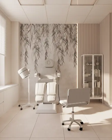 Wnętrze gabinetu z białym fotelem i minimalistycznym designem