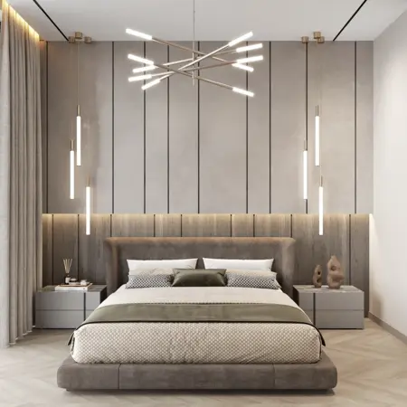 Sypialnia w stylu minimalistycznym z nowoczesnym oświetleniem i drewnianymi detalami
